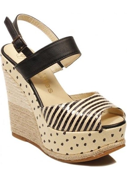 Gipsya Bej Siyah Dolgu Topuklu Deri Sandalet Kadın Ayakkabı