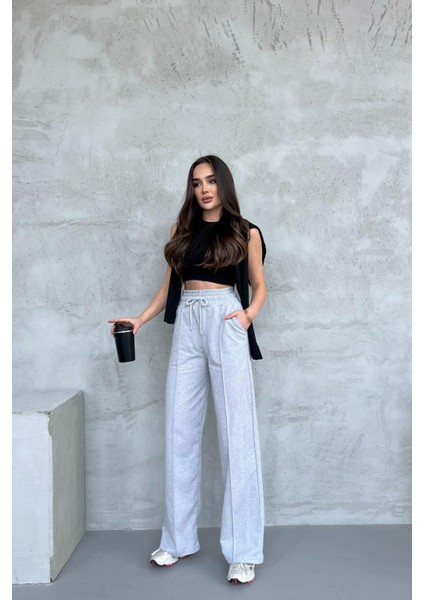 Siyah-Lacivert-Gri-Antrasit Kadın Mevsimlik Salaş Geniş Paça Yüksek Bel 4'lü Eşofman Altı. modelleri