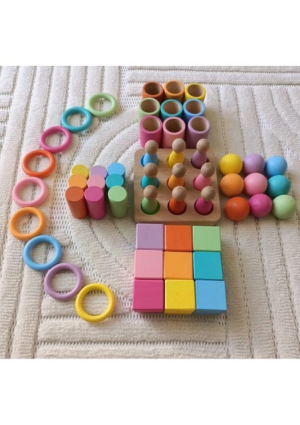 Montessori Eşleştirme Tablalı Silindir Halka Peg Bebek Kase Küp Seti - 9 Renk