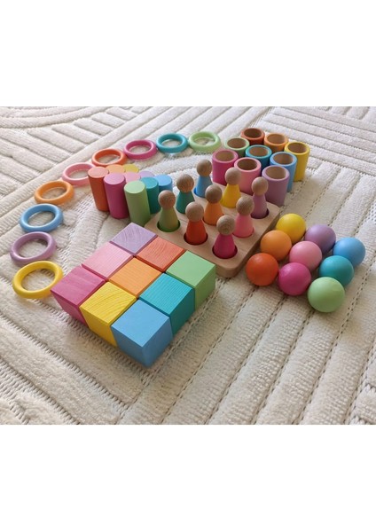 Montessori Eşleştirme Tablalı Silindir Halka Peg Bebek Kase Küp Seti - 9 Renk