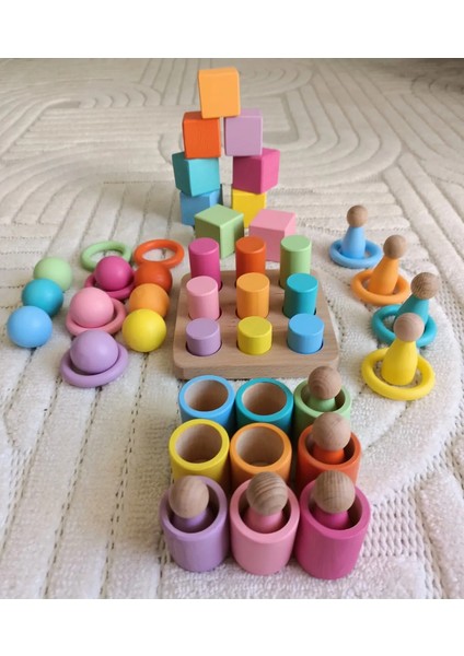 Montessori Eşleştirme Tablalı Silindir Halka Peg Bebek Kase Küp Seti - 9 Renk