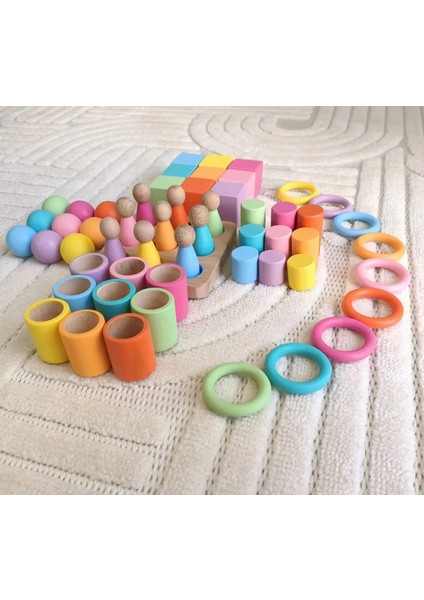 Montessori Eşleştirme Tablalı Silindir Halka Peg Bebek Kase Küp Seti - 9 Renk