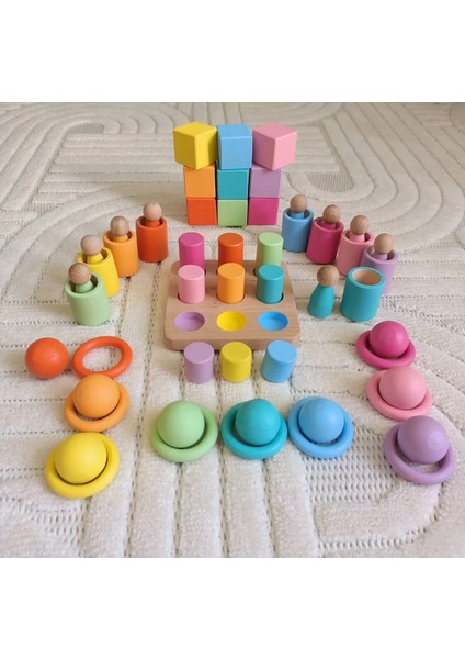 Montessori Eşleştirme Tablalı Silindir Halka Peg Bebek Kase Küp Seti - 9 Renk