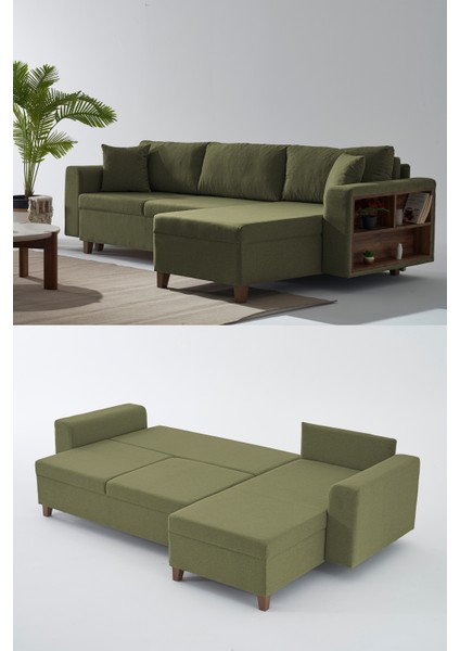 Rengar Köşe Takımı & Yataklı Bazalı Keten Kumaş Köşe Koltuk Takımı - Yeşil B18