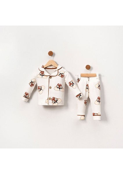 Ekru Kahve Biyeli Sincap Desenli Kruvaze Yaka Pijama Takımı - 1015409