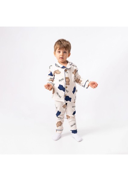 Ekru Kahve Lacivert Biyeli Smile Yazılı Ayıcık Desenli Kruvaze Yaka Pijama Takımı - 1015410 fiyatları