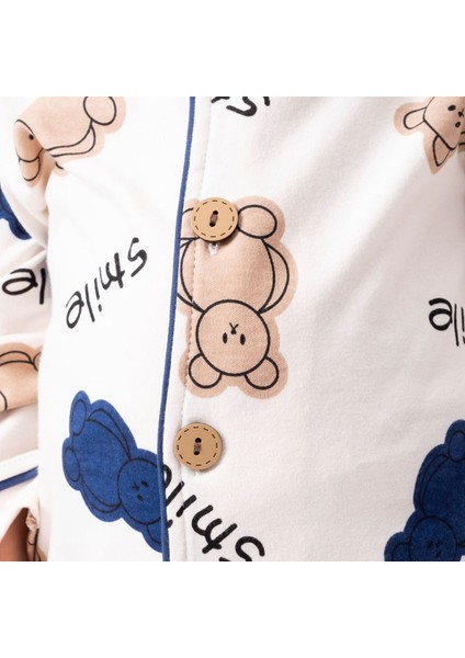 Ekru Kahve Lacivert Biyeli Smile Yazılı Ayıcık Desenli Kruvaze Yaka Pijama Takımı - 1015410 modelleri