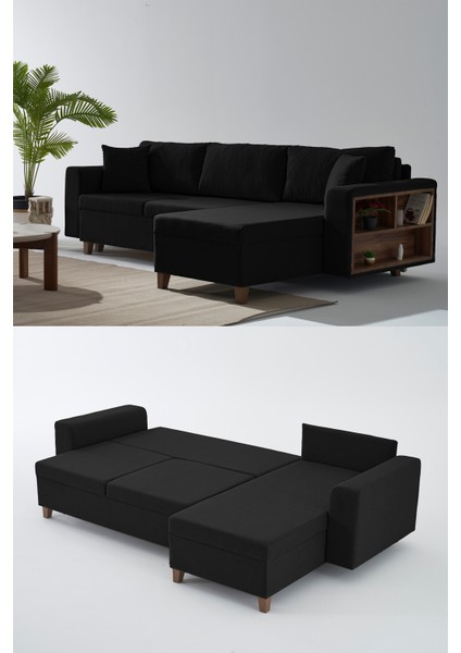 Rengar Köşe Takımı & Yataklı Bazalı Keten Kumaş Köşe Koltuk Takımı - Siyah