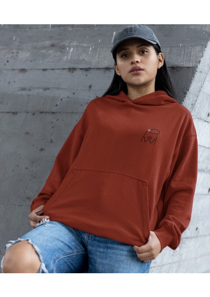 Kulağında Pembe Papatya Elleri ile Kalp Yapan Kara Kelem Emoji Kapüşonlu Sweatshirt Kadın