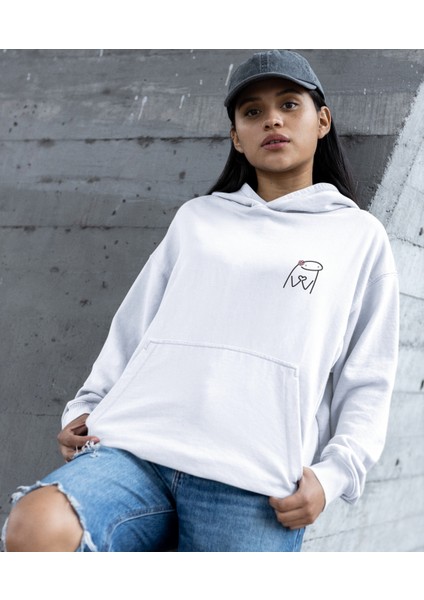 Kulağında Pembe Papatya Elleri ile Kalp Yapan Kara Kelem Emoji Kapüşonlu Sweatshirt Kadın