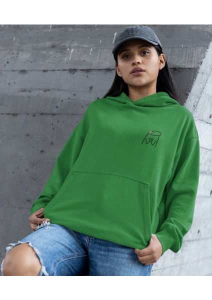 Kulağında Pembe Papatya Elleri ile Kalp Yapan Kara Kelem Emoji Kapüşonlu Sweatshirt Kadın
