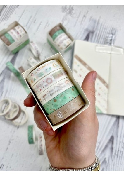 Kahverengi ve Yeşil Tonları Geometrik Desenli Retro 5’li Washi Bant Set/washi Tape/bullet Journal/strapbook/defter Süsleme fiyatları