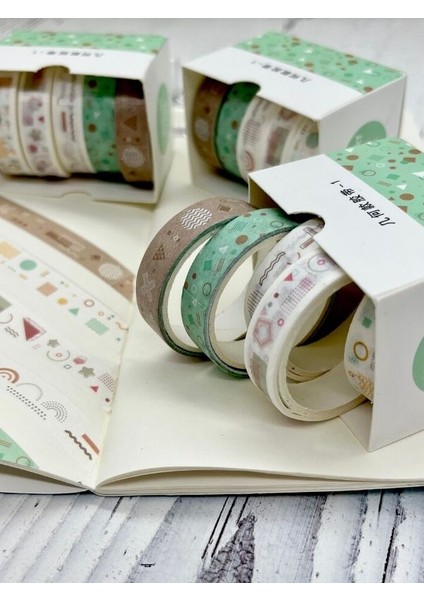 Kahverengi ve Yeşil Tonları Geometrik Desenli Retro 5’li Washi Bant Set/washi Tape/bullet Journal/strapbook/defter Süsleme indirimleri