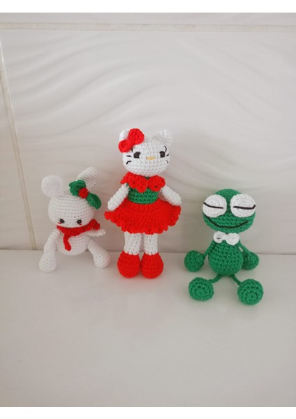 3'lü Amigurumi Organik Hediyelik Oyuncaklar (Hellokitty, Tavşan Bebek, Kurbağa)