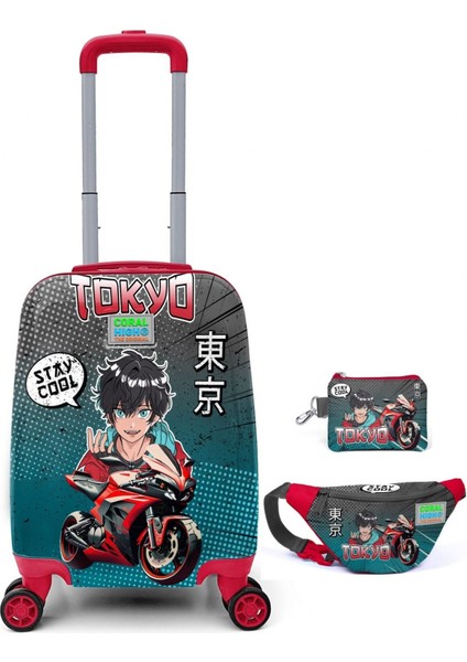 Yeşil Kırmızı Tokyo Desenli Erkek Çocuk Valiz Seti