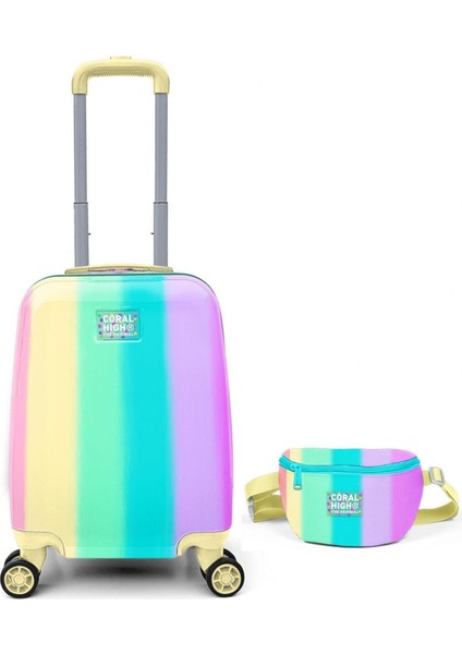 Kız Çocuklar Için Yeşil Mor Paten Desenli Valiz ve Bel Çantası Seyahat Seti 16772