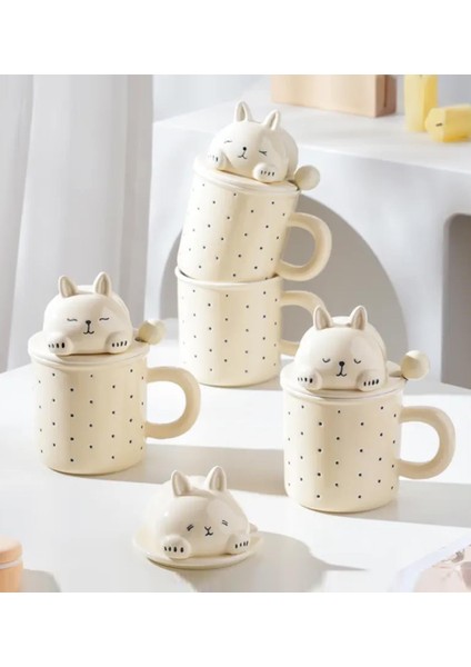 Kedi Figürlü Kapaklı Seramik Kupa