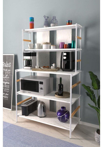Rafito Metal & Ahşap Bohem 5 Raflı Mdf Çok Amaçlı Kahve Köşesi Mutfak Rafı