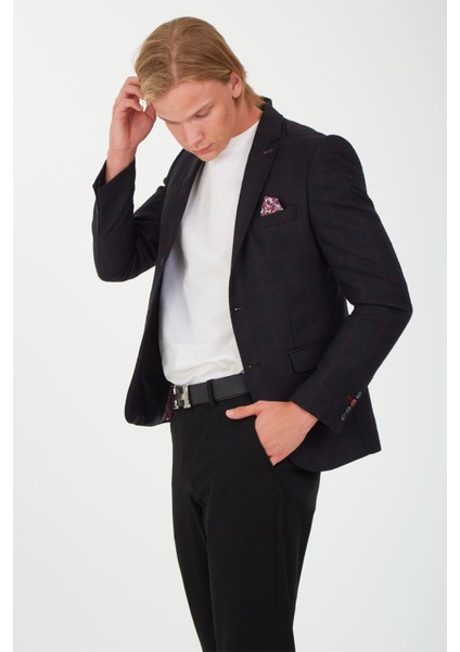 5135 Dar Kalıp Kareli Antrasit Erkek Blazer Ceket