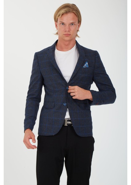 5135 Dar Kalıp Kareli Antrasit Erkek Blazer Ceket