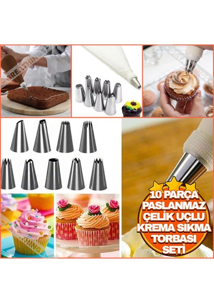 9 Parça Krema Sıkma Torbası Pasta Süsleme Seti | Çelik Uçlu Krema Torbası Kek Pasta Süsleme Seti9
