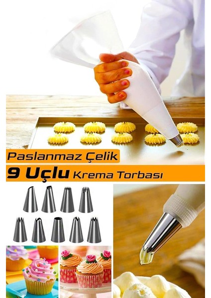 9 Parça Krema Sıkma Torbası Pasta Süsleme Seti | Çelik Uçlu Krema Torbası Kek Pasta Süsleme Seti9