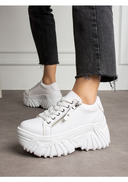 Apex Beyaz Fermuar Detaylı Kadın Sneakers