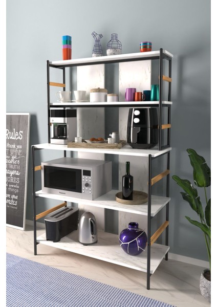 Rafito Metal & Ahşap Bohem 5 Raflı Mdf Çok Amaçlı Kahve Köşesi Mutfak Rafı
