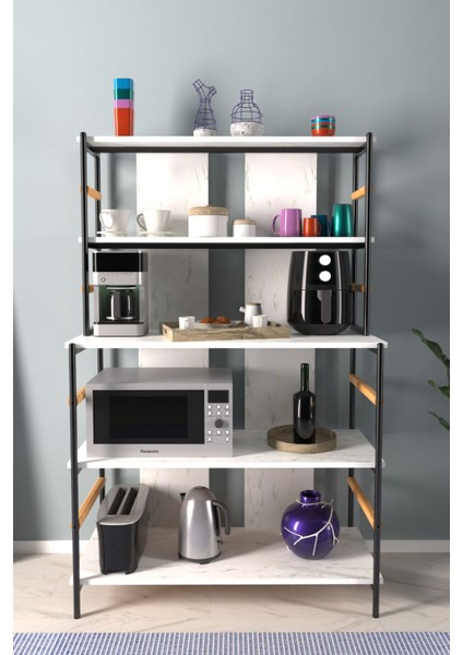 Rafito Metal & Ahşap Bohem 5 Raflı Mdf Çok Amaçlı Kahve Köşesi Mutfak Rafı