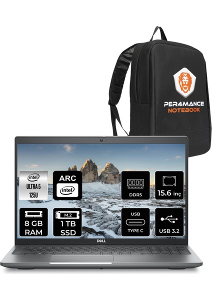Latitude 5550 Intel Core Ultra 5 125U 8gb 1tb SSD 15.6" Fhd Fdos Taşınabilir Bilgisayar & Per4 Çanta N007L555015UP303