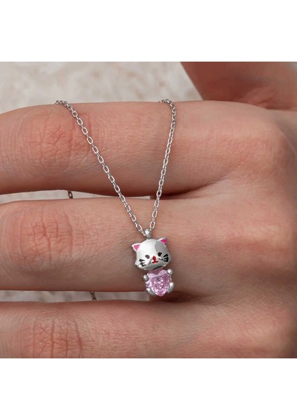 Gümüş Pembe Taşlı Sevimli Kedi Kadın Kolye