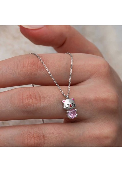 Gümüş Pembe Taşlı Sevimli Kedi Kadın Kolye fiyatları