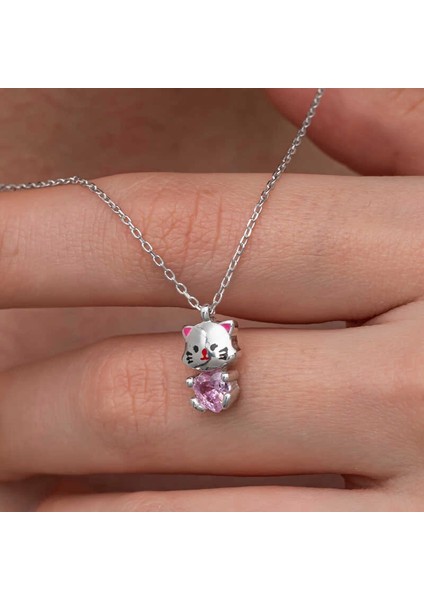 Gümüş Pembe Taşlı Sevimli Kedi Kadın Kolye modelleri