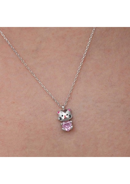 Gümüş Pembe Taşlı Sevimli Kedi Kadın Kolye fırsatları