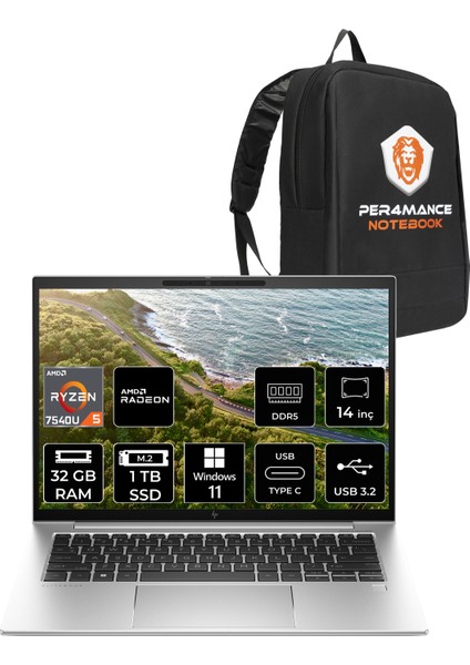 Elitebook 845 G10 Amd Ryzen 5 7540U 32GB 1tb SSD 14" Fhd+Windows 11 Pro Taşınabilir Bilgisayar & Per4 Çanta 819B7EAPN358
