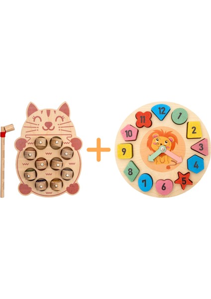 Montessori 3 Boyutlu Ahşap Balık Tutma Oyunu + Montessori Renkli Ahşap Bultak Saat