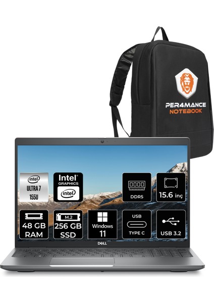 Latitude 5550 Intel Core Ultra 7 155U 48GB 256GB SSD 15.6" Fhd Windows 11 Pro Taşınabilir Bilgisayar & Per4 Çanta N021L555015UP406