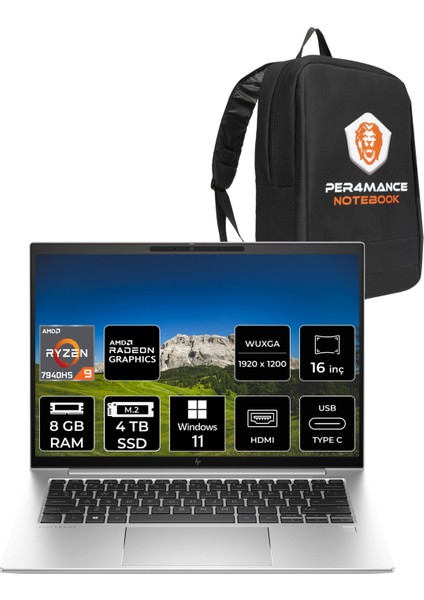 Elitebook 865 G10 Amd Ryzen 9 7940HS 8gb 4tb SSD 16" Fhd+Windows 11 Pro Taşınabilir Bilgisayar & Per4 Çanta 8A3Z7EAPN345