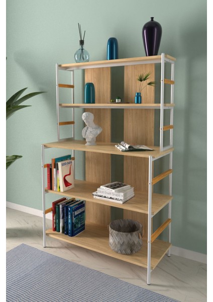 Rafito Metal & Ahşap Bohem 5 Raflı Mdf Çok Amaçlı Kahve Köşesi Kitaplık