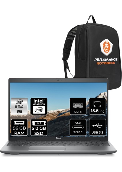 Latitude 5550 Intel Core Ultra 7 155U 96GB 512GB SSD 15.6" Fhd Fdos Taşınabilir Bilgisayar & Per4 Çanta N021L555015UP337