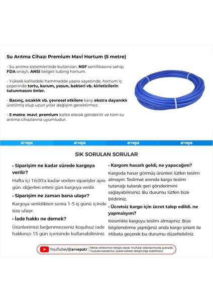 Su Arıtma Cihazı Premium Mavi Hortum (5 Metre)