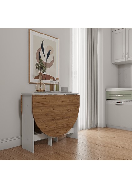 Pratik Katlanır - Açılır Kapanır Yuvarlak Mutfak Yemek Çalışma Masası - 145 cm x 90 cm - Mdf
