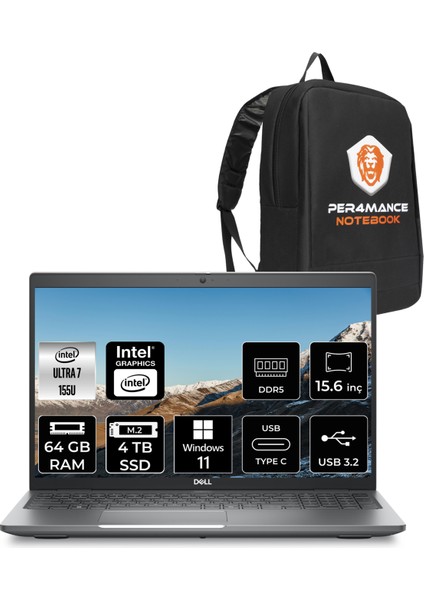 Latitude 5550 Intel Core Ultra 7 155U 64GB 4tb SSD 15.6" Fhd Windows 11 Pro Taşınabilir Bilgisayar & Per4 Çanta N021L555015UP415