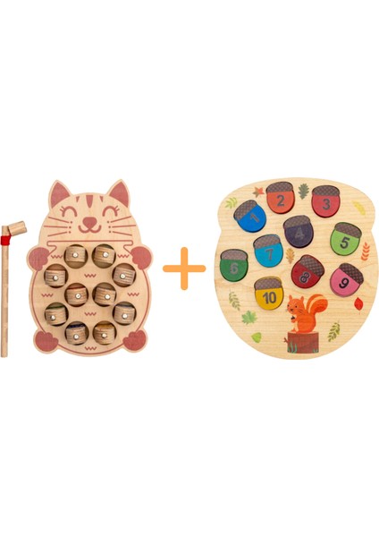 Montessori 3 Boyutlu Ahşap Balık Tutma Oyunu + Montessori Ahşap Sincap Rakamları Öğreniyorum