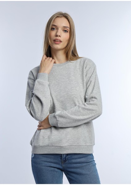 Kadın 3 Iplik Şardonsuz Bisiklet Yaka Sweatshirt Gri Melanj