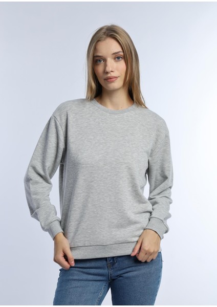 Kadın 3 Iplik Şardonsuz Bisiklet Yaka Sweatshirt Gri Melanj