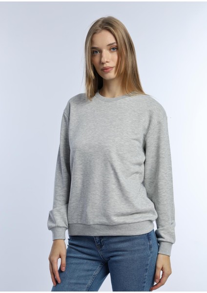 Kadın 3 Iplik Şardonsuz Bisiklet Yaka Sweatshirt Gri Melanj