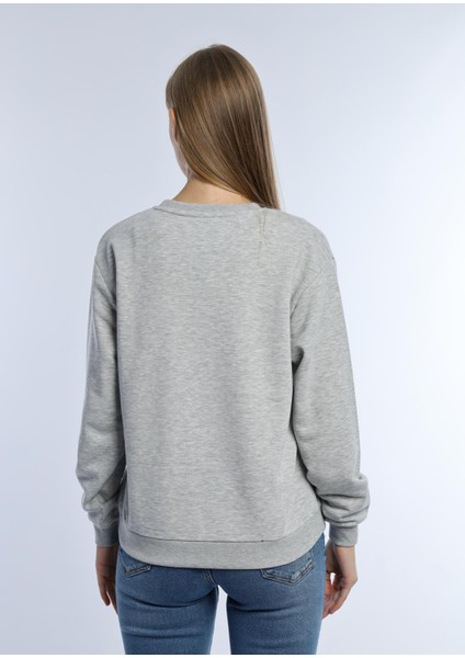 Kadın 3 Iplik Şardonsuz Bisiklet Yaka Sweatshirt Gri Melanj