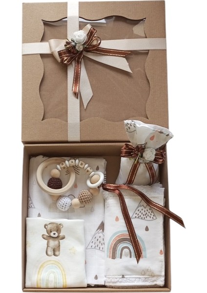 Unısex Yenidoğan Bebek Müslin Battaniye Lavanta Kesesi Önlük Isimli Diş Kaşıyıcı Havlu Hediye Seti