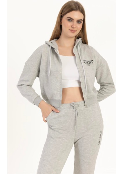Kadın Fermuarlı 3 Iplik Sweatshirt Gri Melanj